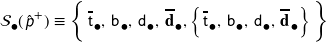 \mathcal{S}_{\mdsmblkcircle} ( \hspace{1px} \hat{\textsf{\textit{p}}}^{+}  ) \equiv \left\{ \,  \overline{\mathsf{t}}_{\hspace{0.8pt} \mdsmblkcircle}, \, \mathsf{b}_{\hspace{0.8pt} \mdsmblkcircle}, \, \mathsf{d}_{\hspace{0.8pt} \mdsmblkcircle}, \, \overline{\mathbf{d}}_{\hspace{0.8pt} \mdsmblkcircle}, \left\{ \hspace{0.8pt} \overline{\mathsf{t}}_{\hspace{1px}\mdsmblkcircle}, \, \mathsf{b}_{\hspace{0.8pt} \mdsmblkcircle}, \, \mathsf{d}_{\hspace{0.8pt} \mdsmblkcircle}, \, \overline{\mathbf{d}}_{\hspace{0.8pt} \mdsmblkcircle} \right\} \rule{0px}{14px} \right\}